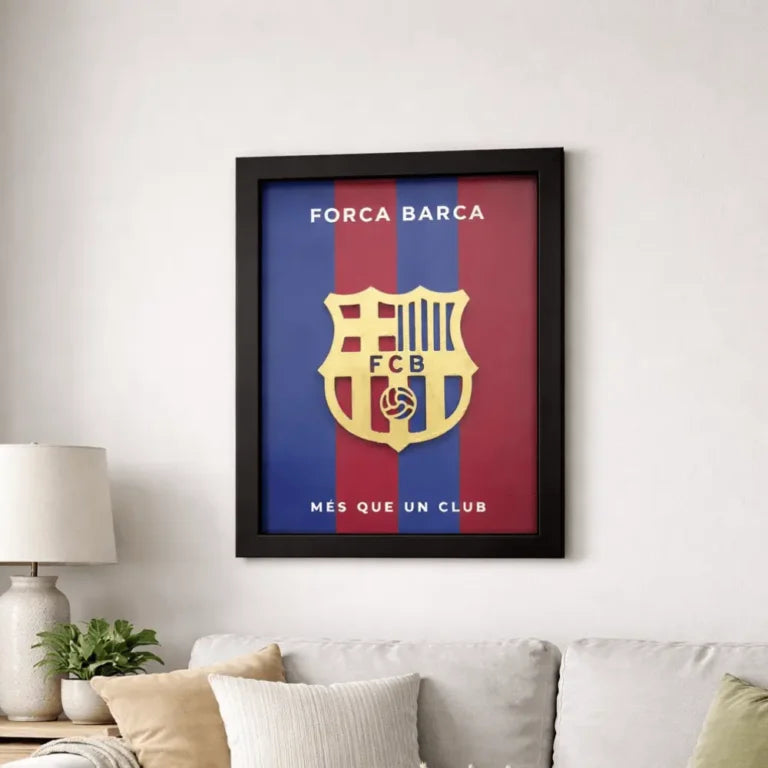 Football club crest frame side view – fold-out desk stand – wall mount ready