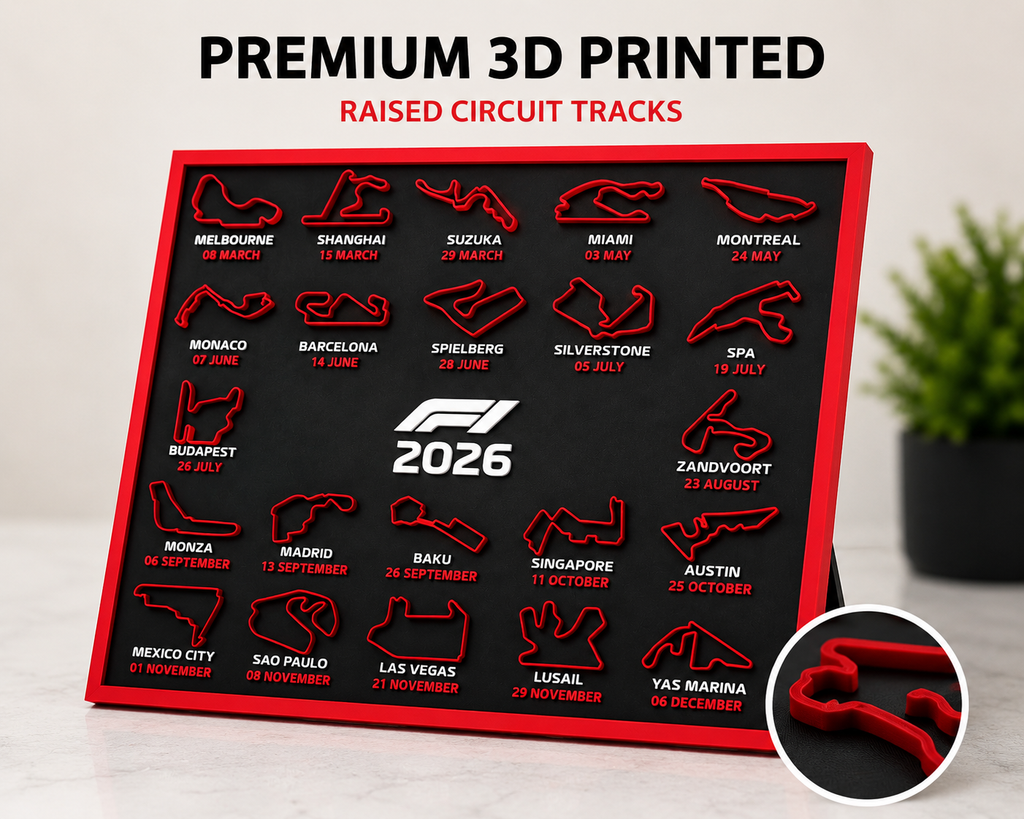 Close-up of 3D printed Formula 1 circuit tracks on the 2026 F1 calendar wall art – UniLayers UK