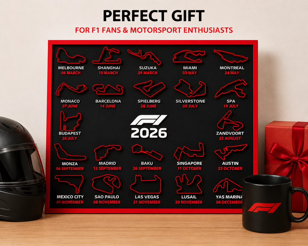 2026 Formula 1 calendar 3D printed desk decor – 25x25 cm size – car enthusiast gift UK