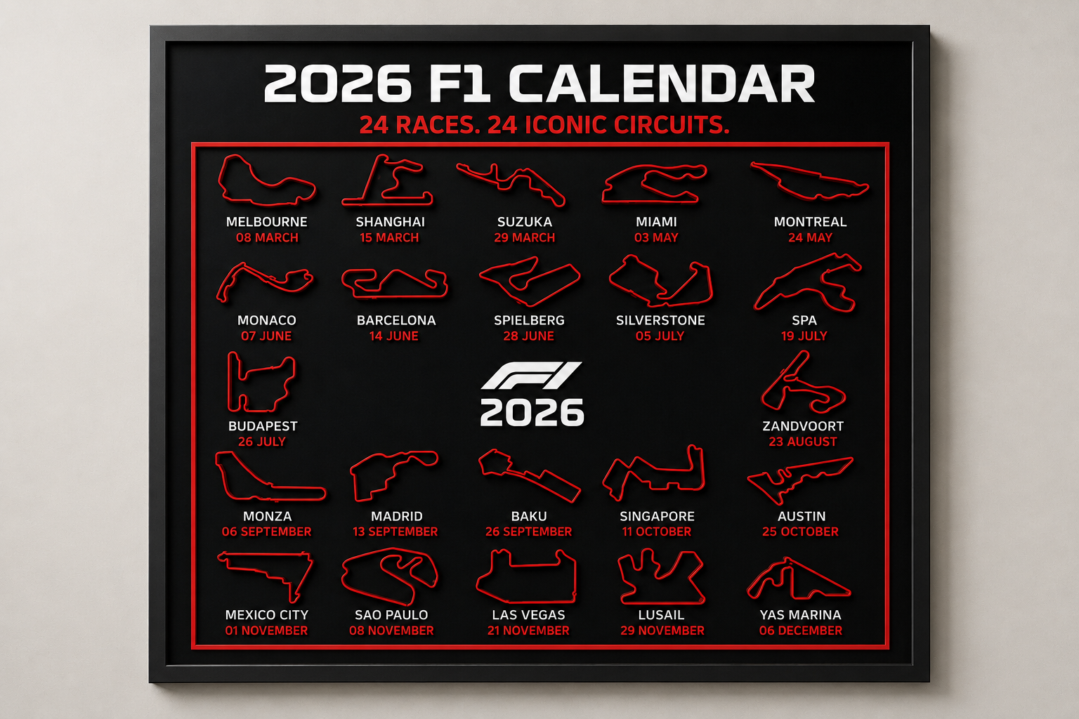 Overhead view of 3D printed 2026 Formula 1 calendar showing all Grand Prix circuit designs – UniLayers UK