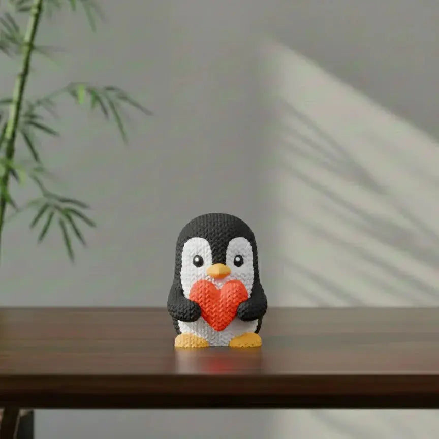 Pippin penguin 3D printed heart sculpture – black colour – cute desk decor gift UK – UniLayers