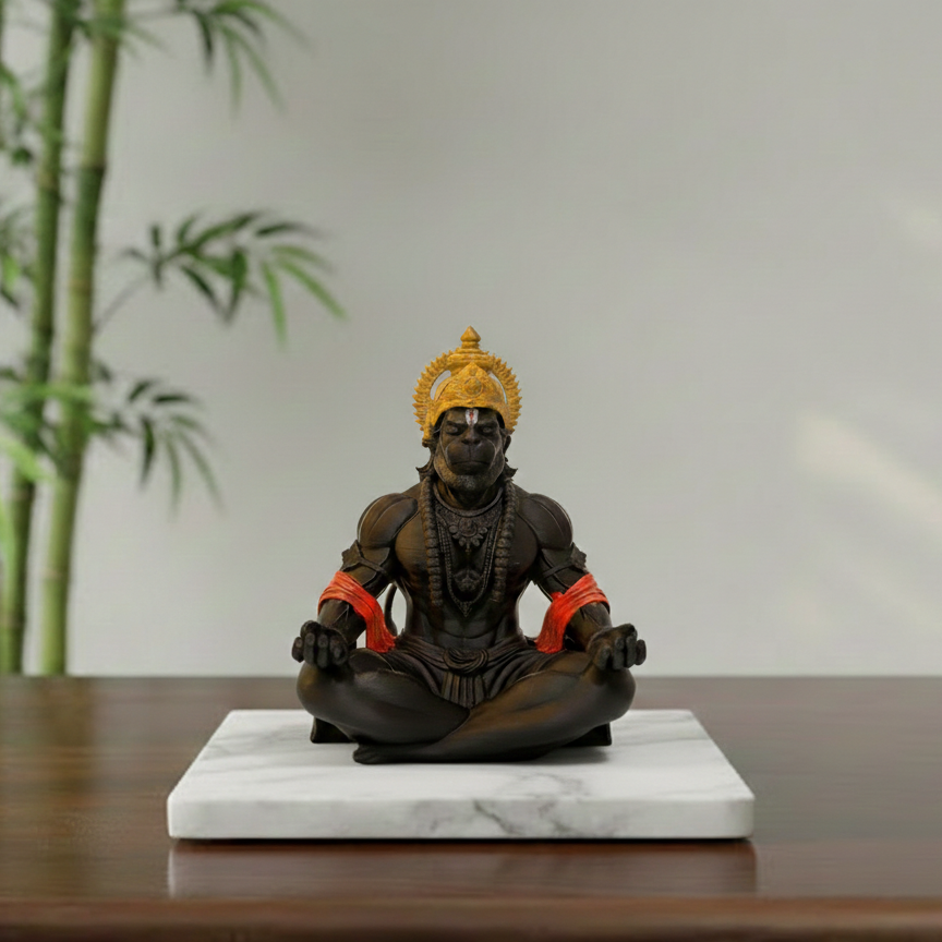 Lord Hanuman meditating statue – matte black finish, 7 inch – UniLayers UK