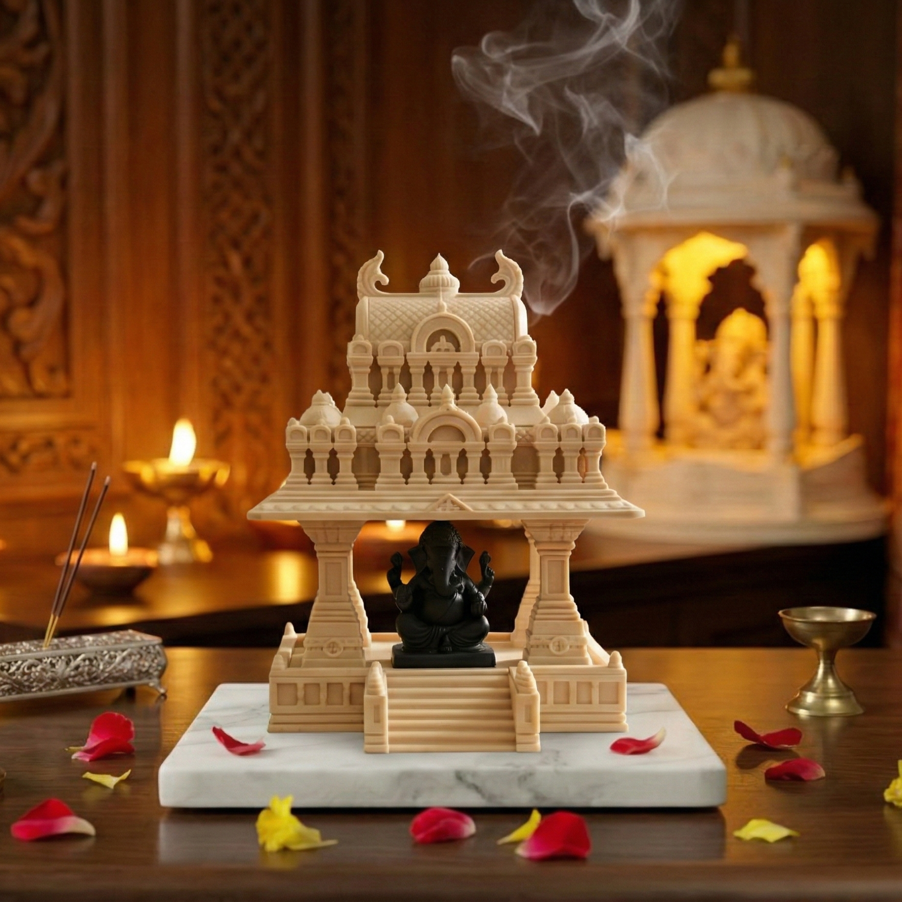 Decorative temple with smoking incense and candles on a wooden table