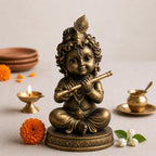 Resin Baby Krishna Statue, Flute Playing Laddu Gopal Idol, Desk Mandir Decor