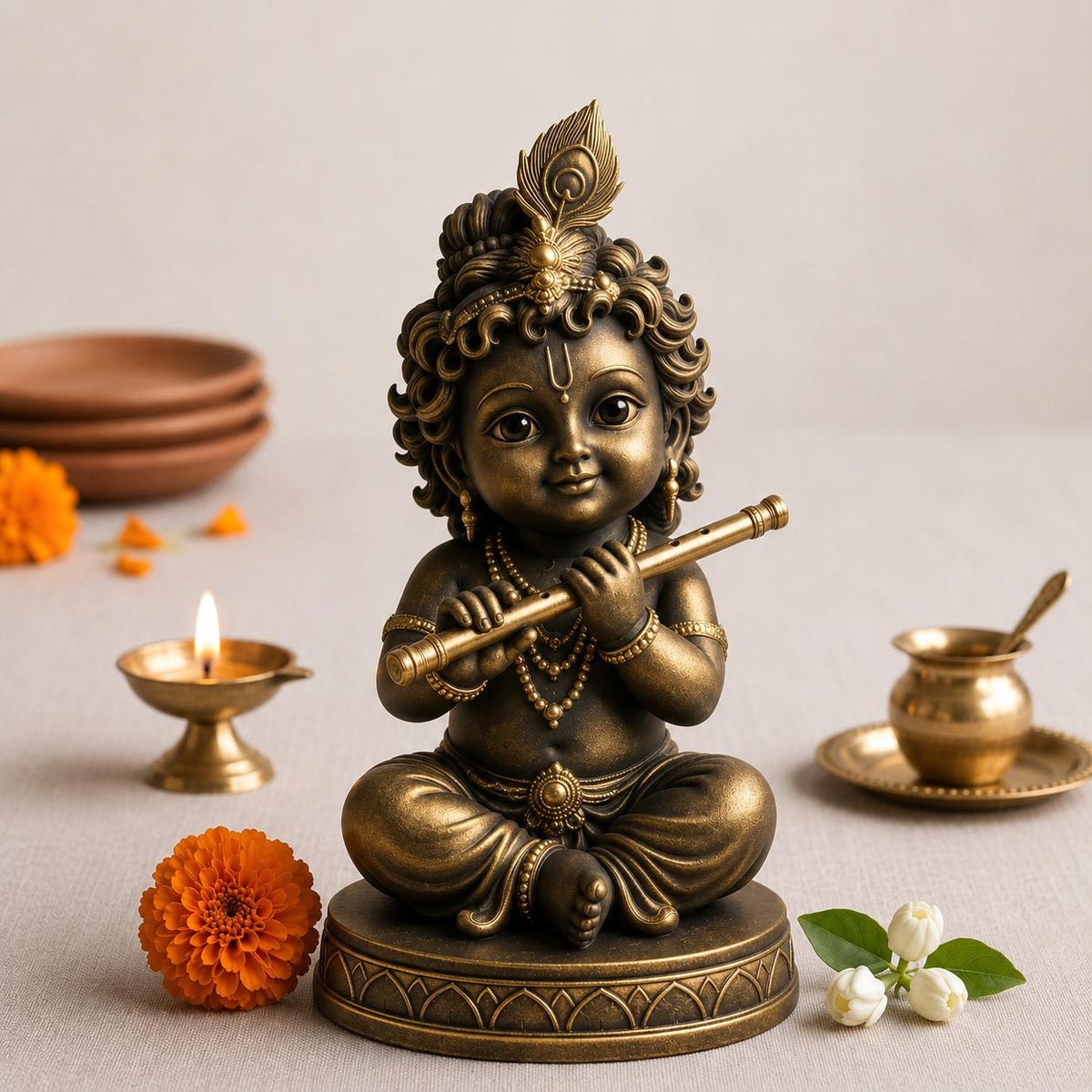 Resin Baby Krishna Statue, Flute Playing Laddu Gopal Idol, Desk Mandir Decor