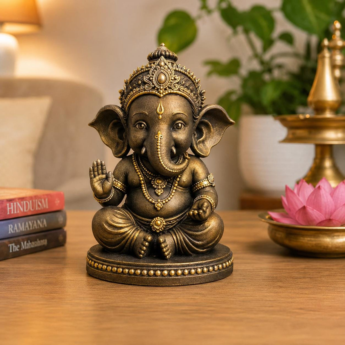 Baby Ganesha Idol, 3 Inch Black Gold Resin Statue, Car Dashboard Decor