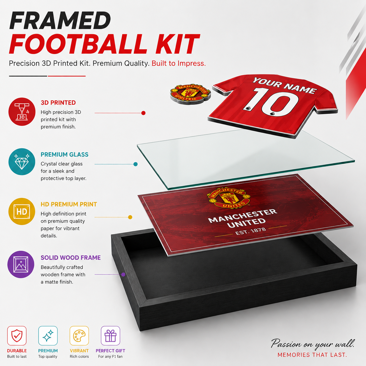 Personalised 3D printed football shirt display frame – Premier League clubs – UniLayers UK