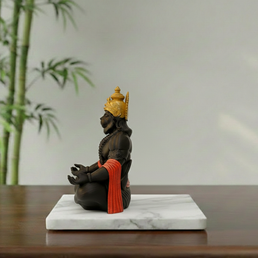 Hanuman statue gold crown detail – matte black and gold, 7 inch