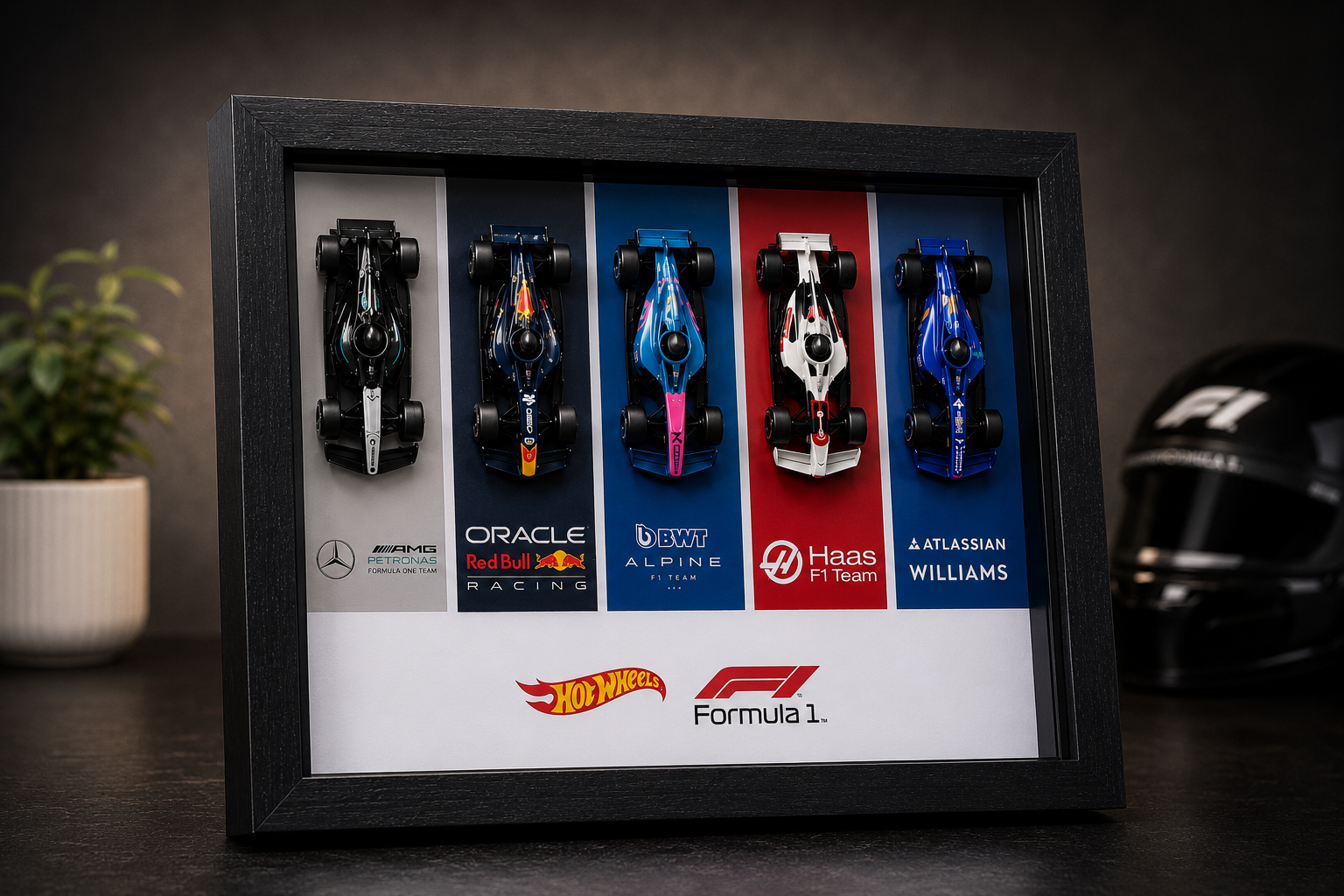 Hot Wheels x Formula 1 framed diecast display – 5 F1 teams, standard frame – UniLayers UK