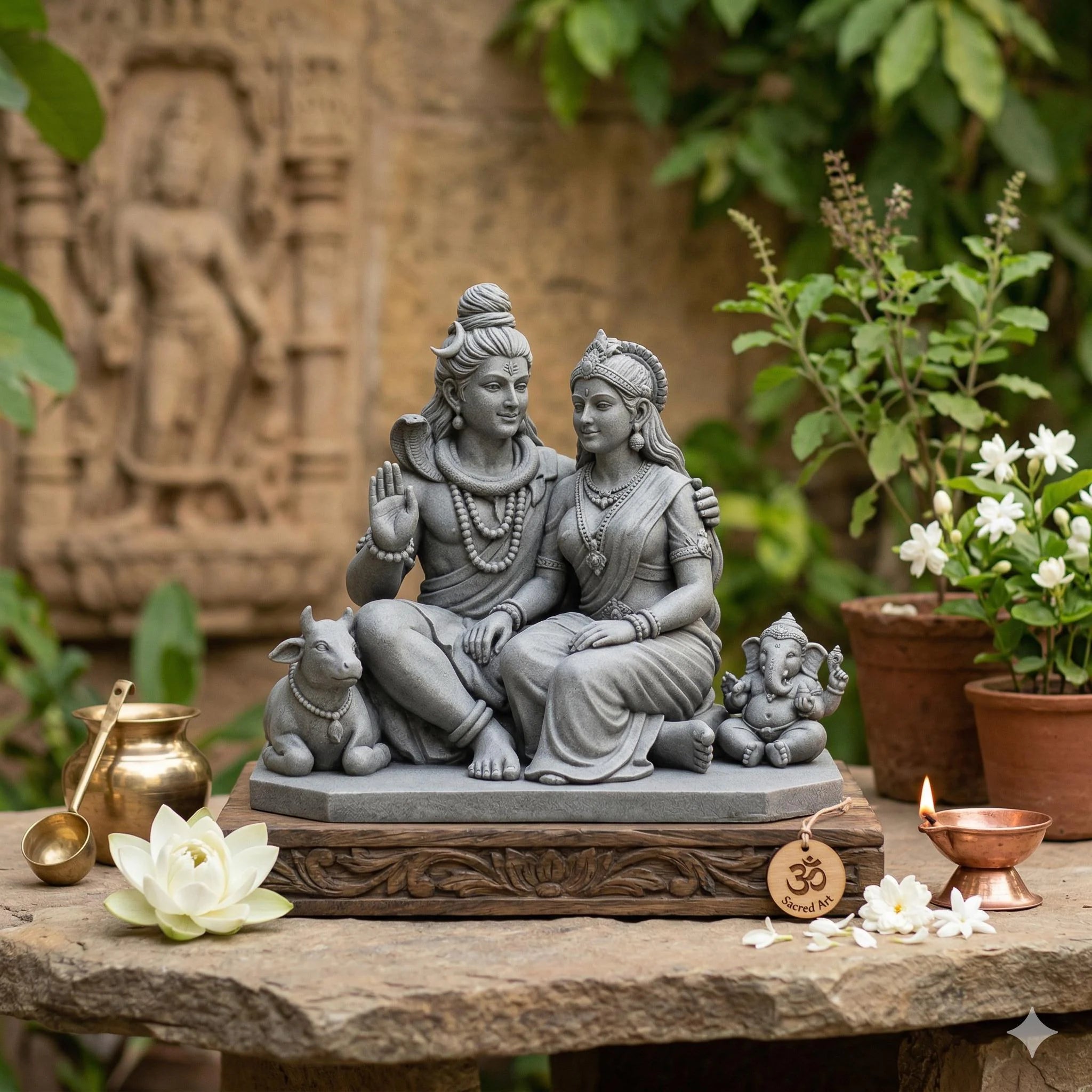 Religious Shiv, Parvati, Ganesha, and Nandi statues by UniLayers, traditional Hindu family decor for puja rituals.