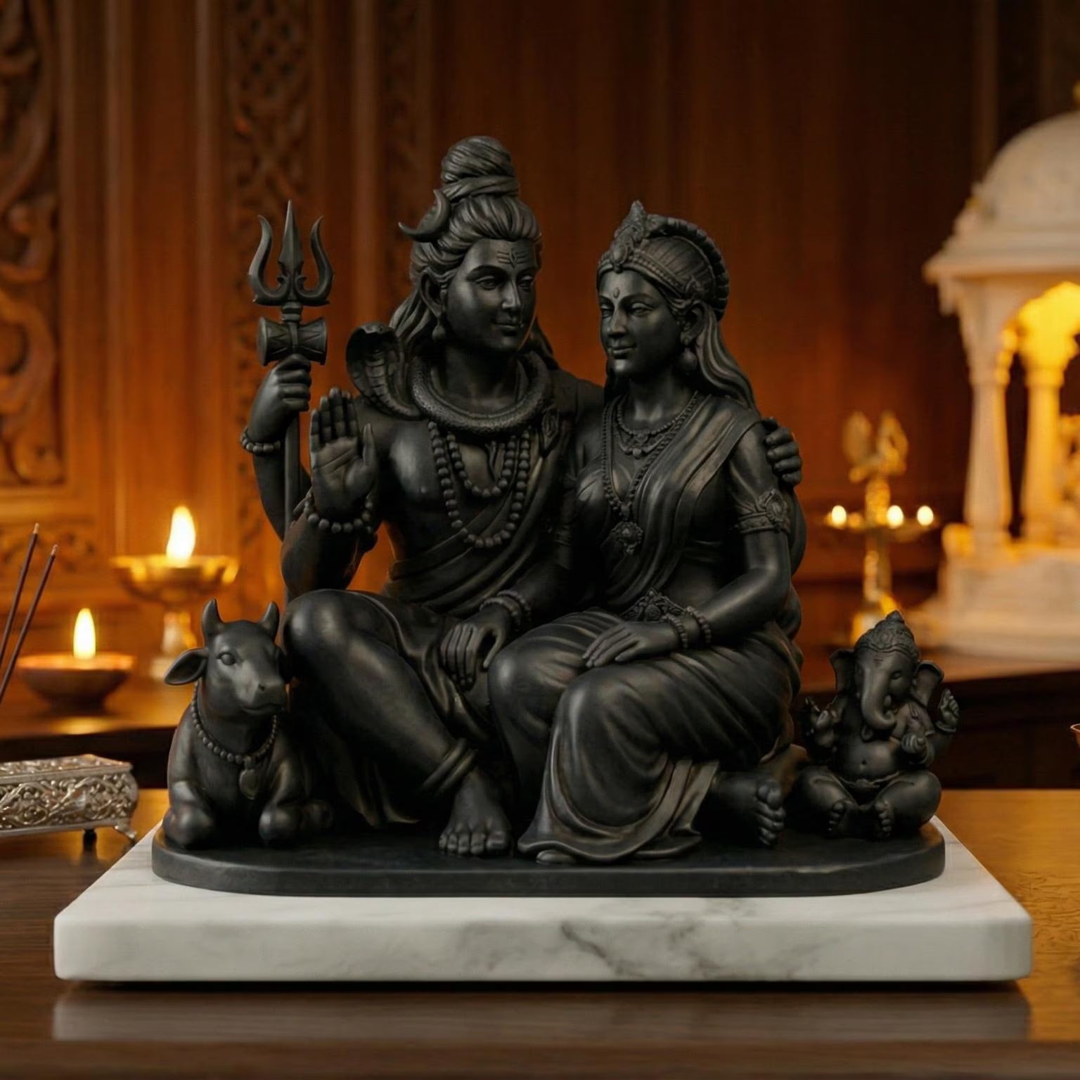 Divine Shiv Parvati, Ganesha, and Nandi Hindu religious family statue by UniLayers for Puja decor, detailed traditional design.