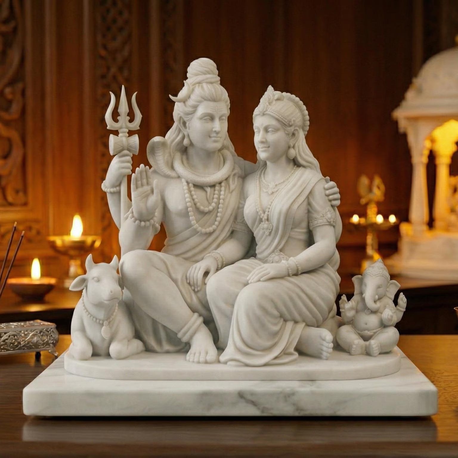Divine Shiv Parvati Ganesha Nandi Hindu religious family statue for puja decor by UniLayers, featuring intricate details and traditional design.