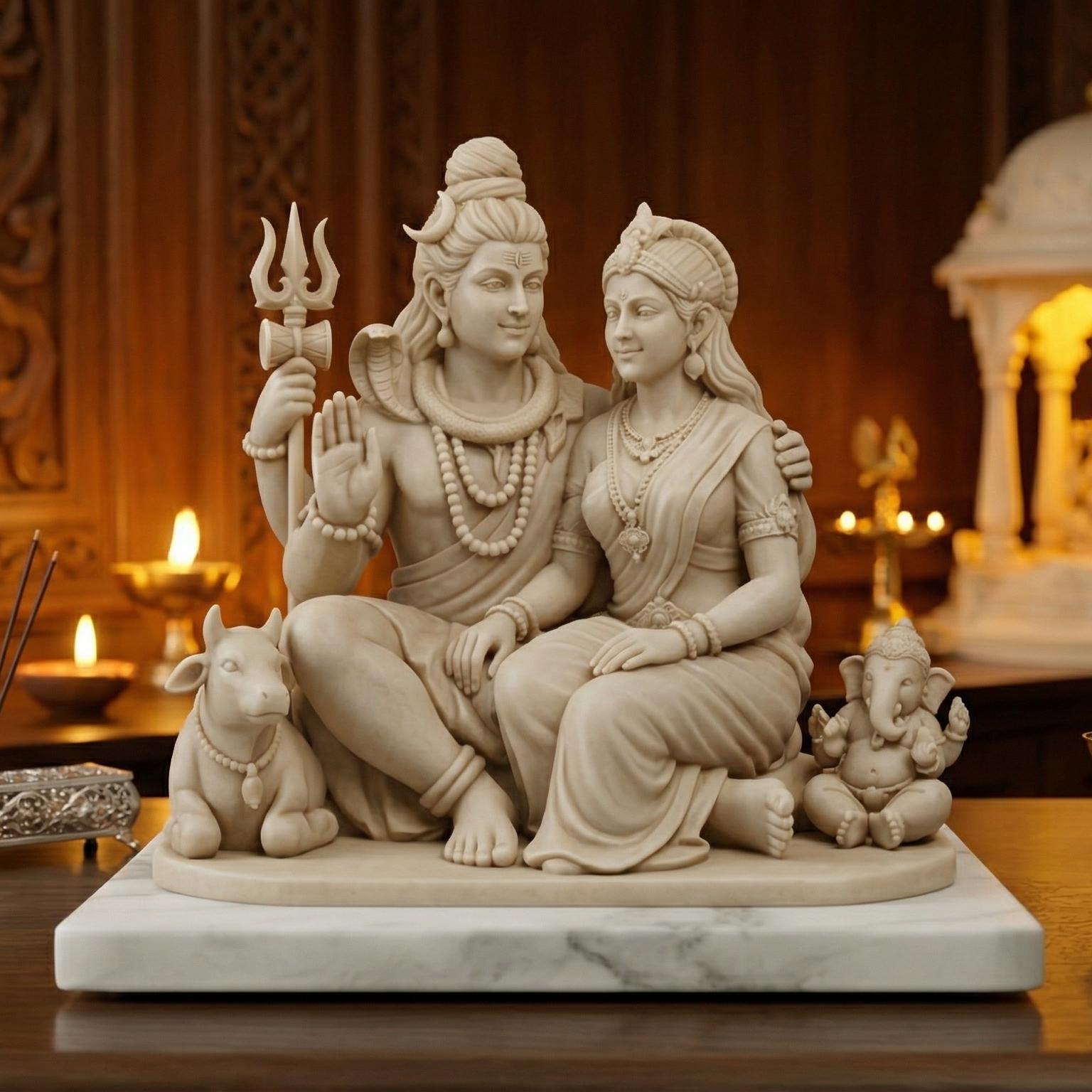 UniLayers Shiv Parvati Ganesha Nandi statue, Hindu religious family decor for puja, featuring divine figures in traditional design.