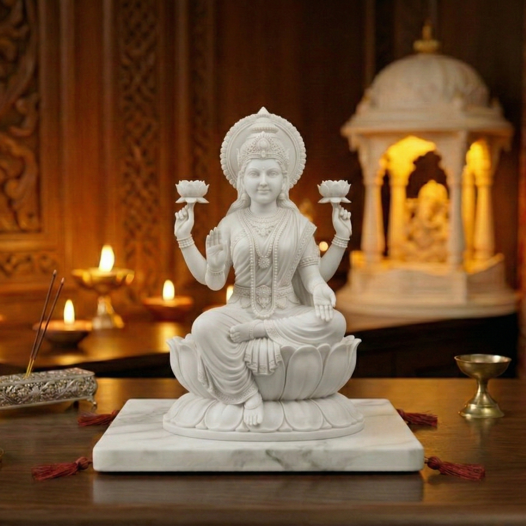 White marble statue of a seated figure with lotus pedestal on a wooden table, candles and incense in the background.