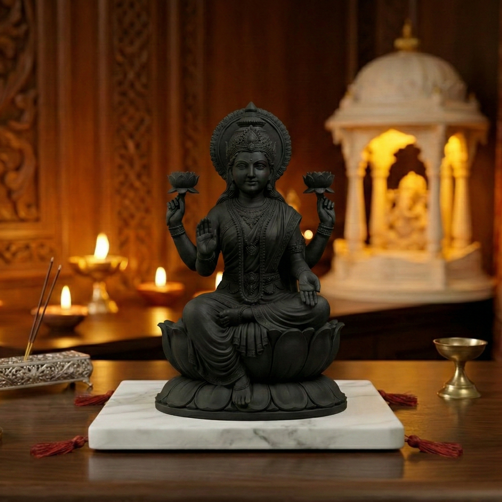 Black statue of a seated figure on a marble base with candles and incense in a decorative setting.