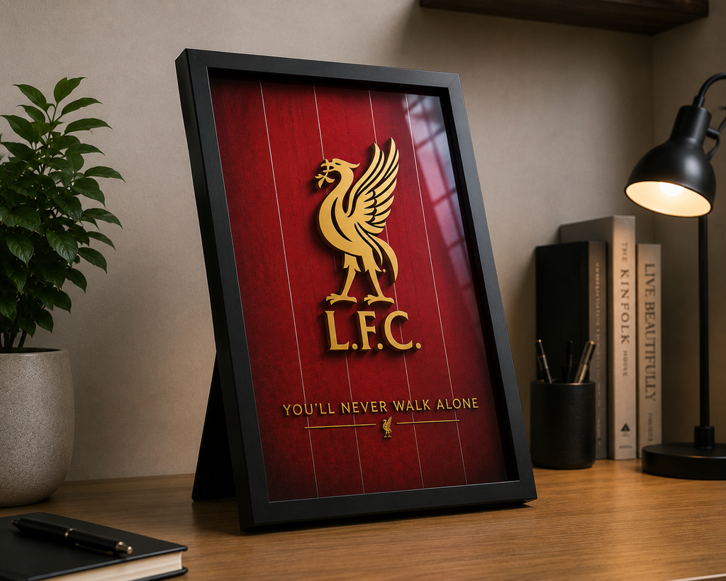 Liverpool FC 3D printed gold badge framed wall art – A4 black frame – UniLayers UK