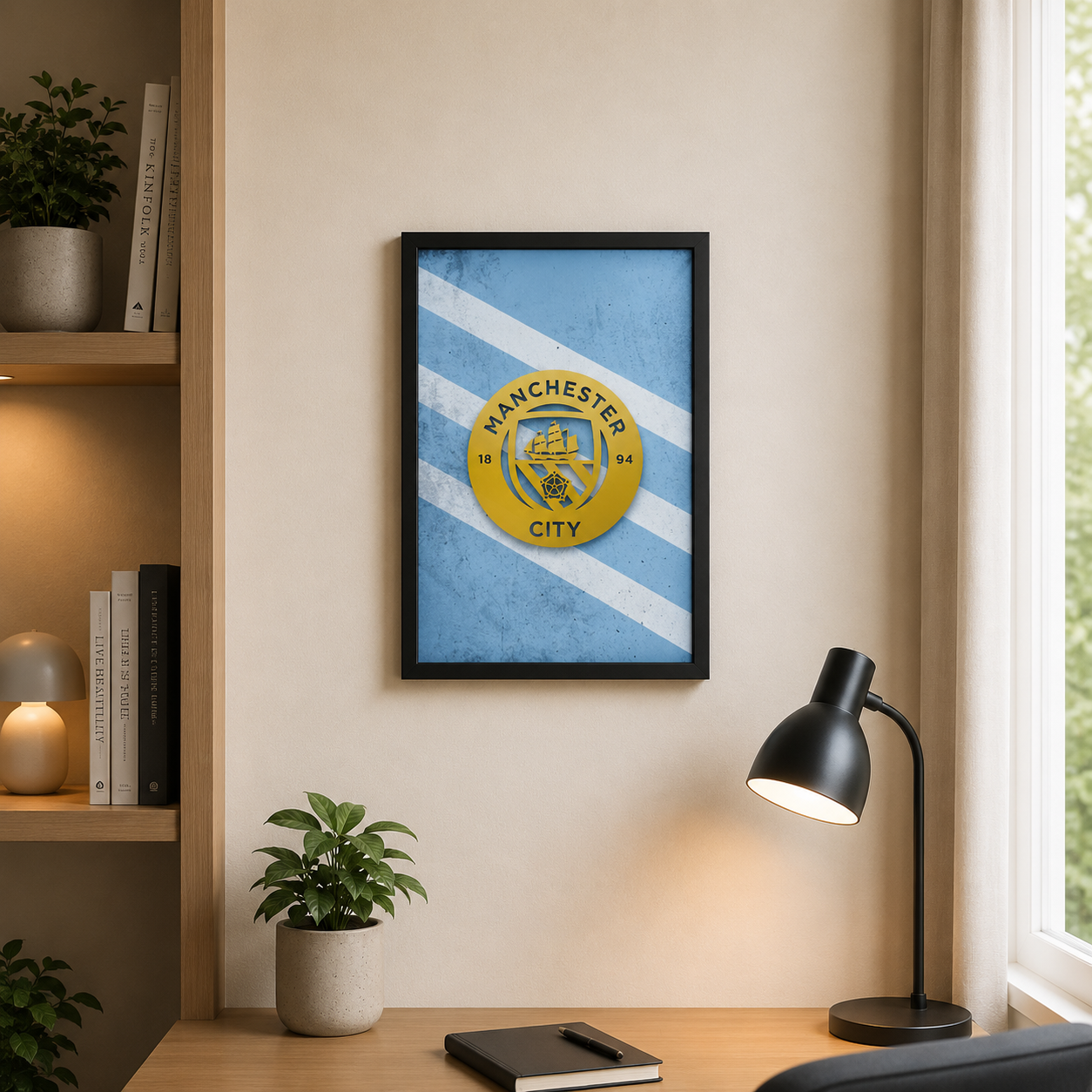 Gold relief football badge mounted on glass – 3D printed club logo frame detail