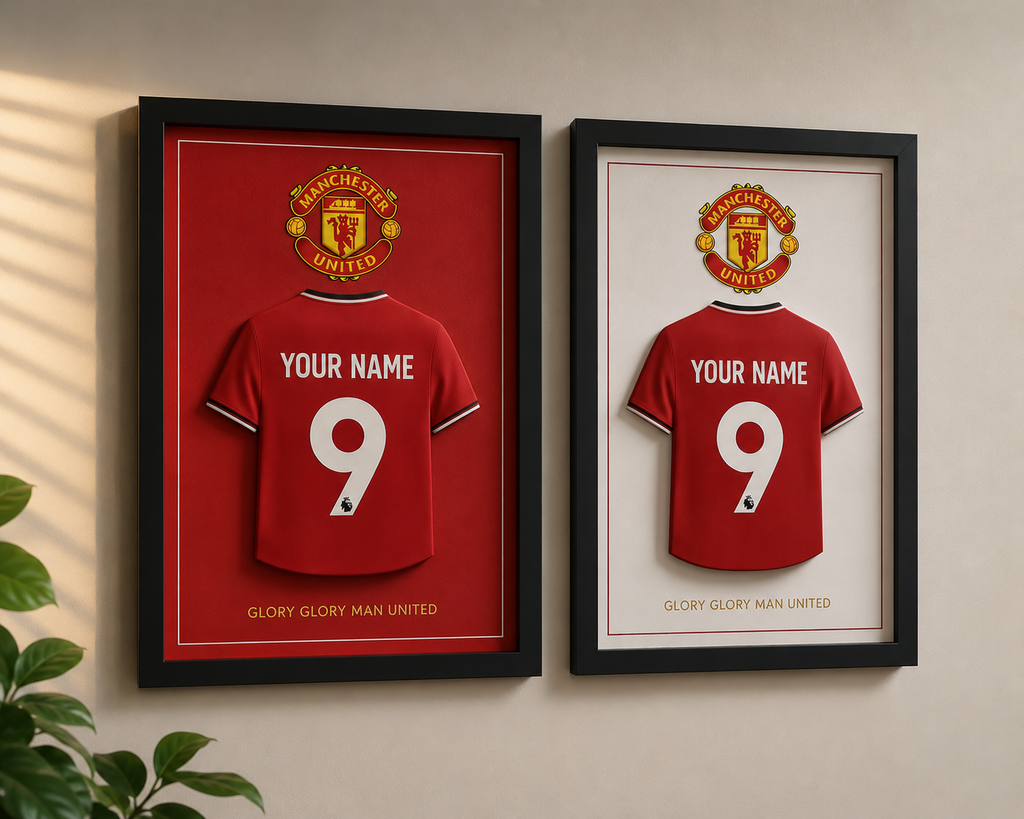 Framed Manchester United jerseys with customizable name and number on a wall.