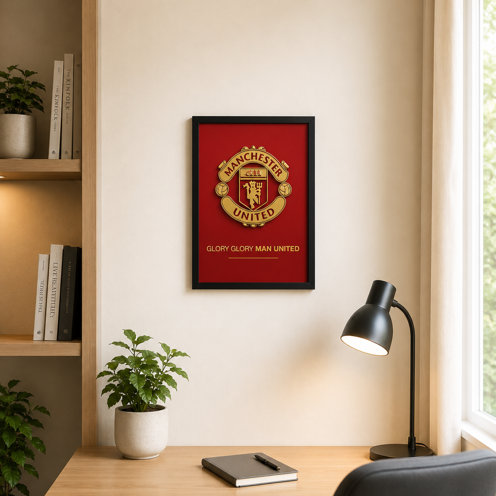 Manchester United 3D printed gold crest logo frame – red club background – UniLayers