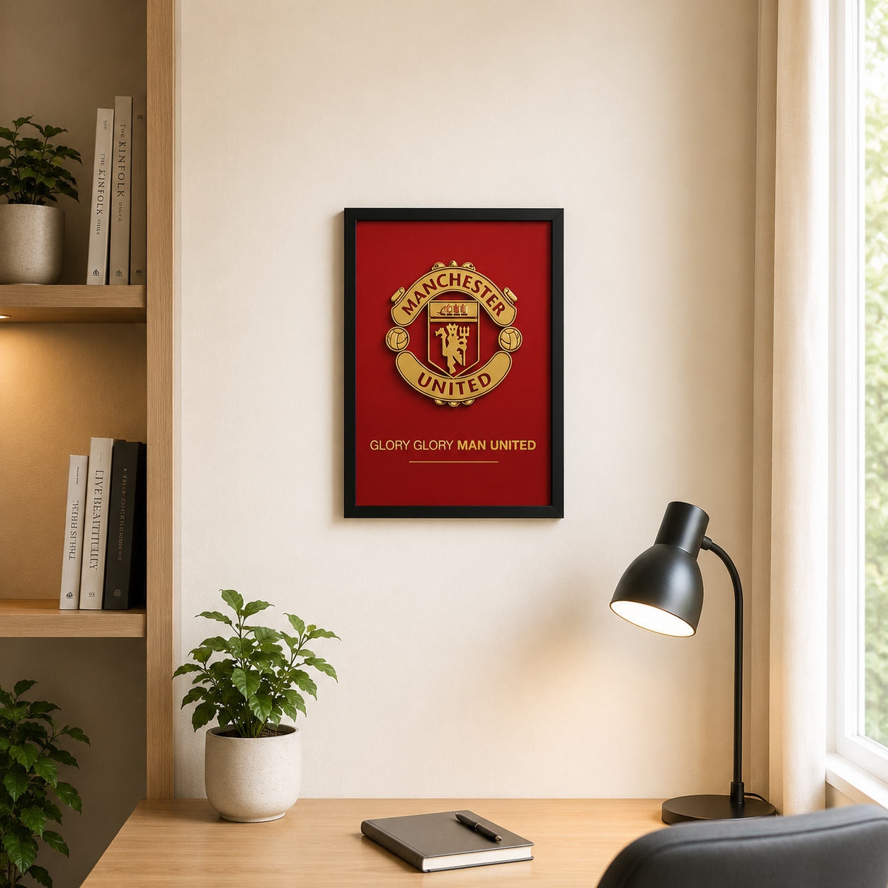 Manchester United 3D printed gold crest logo frame – red club background – UniLayers