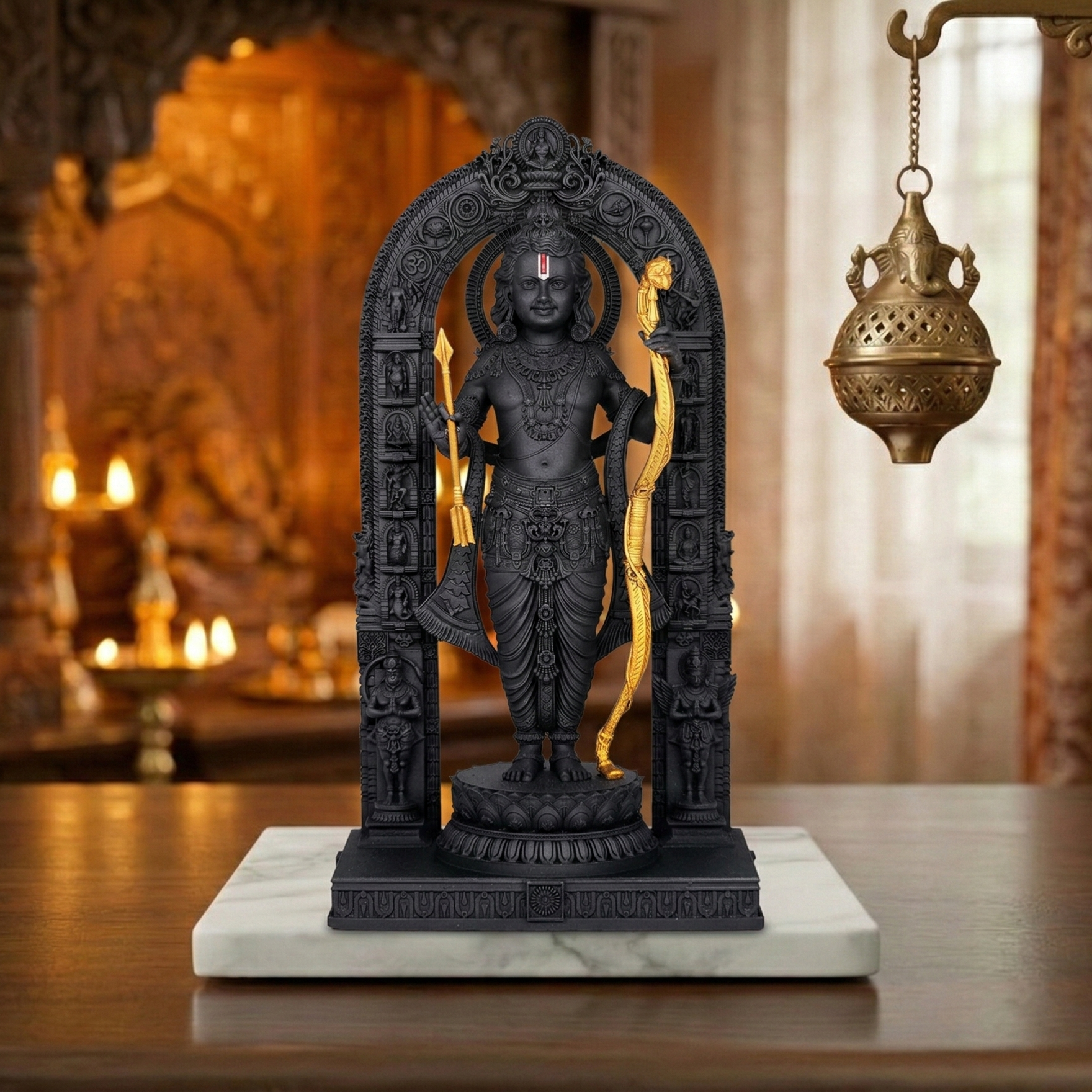 Carved stone statue of a deity on a marble base in a decorative setting with warm lighting.