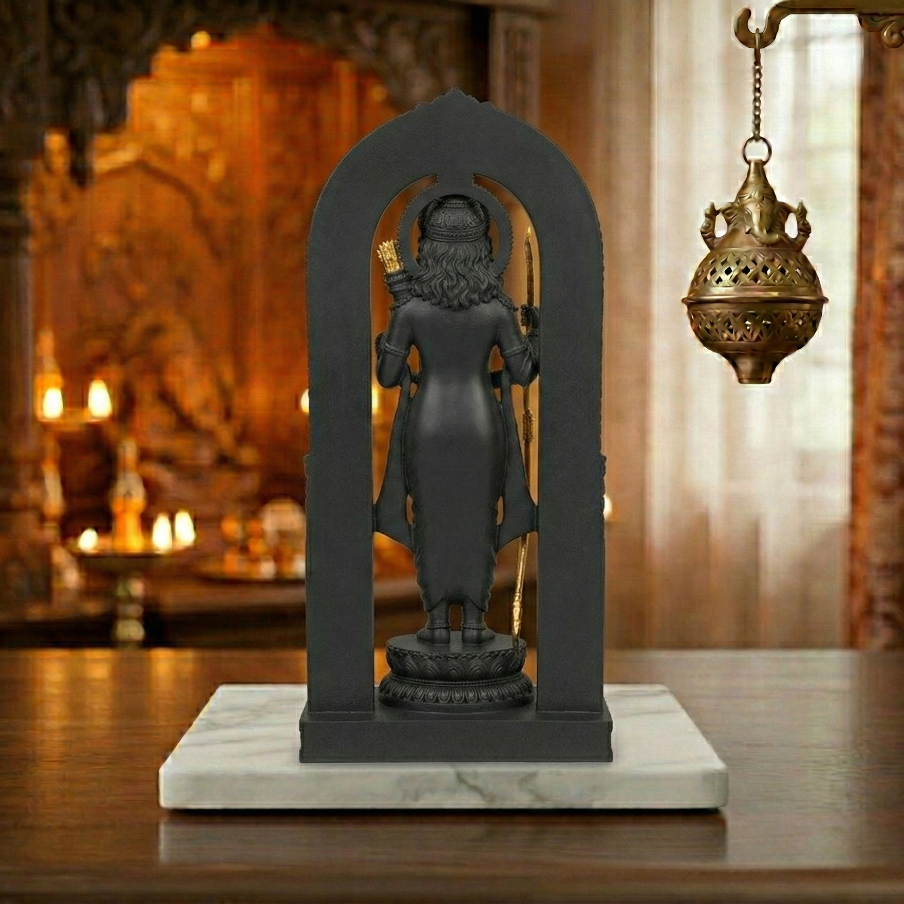Statue of a deity in an archway on a marble base with a warm background