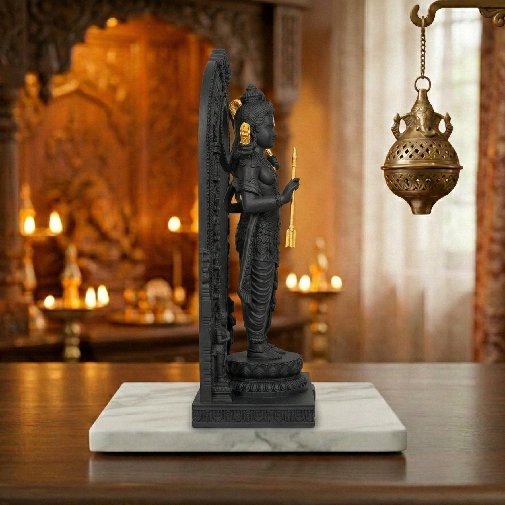 Statue of a deity on a marble base with a decorative background